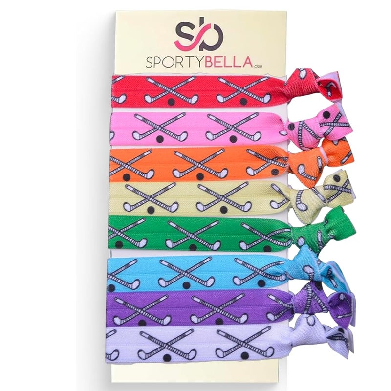 Infinity Collection Field Hockey Hair Ties, Multi-Colored Hair Accessories for Girls, No Crease Hair Elastics with Field Hockey Stick Design, Ponytail Holders for Girls (8 pcs) - by SPORTYBELLA - Image 1